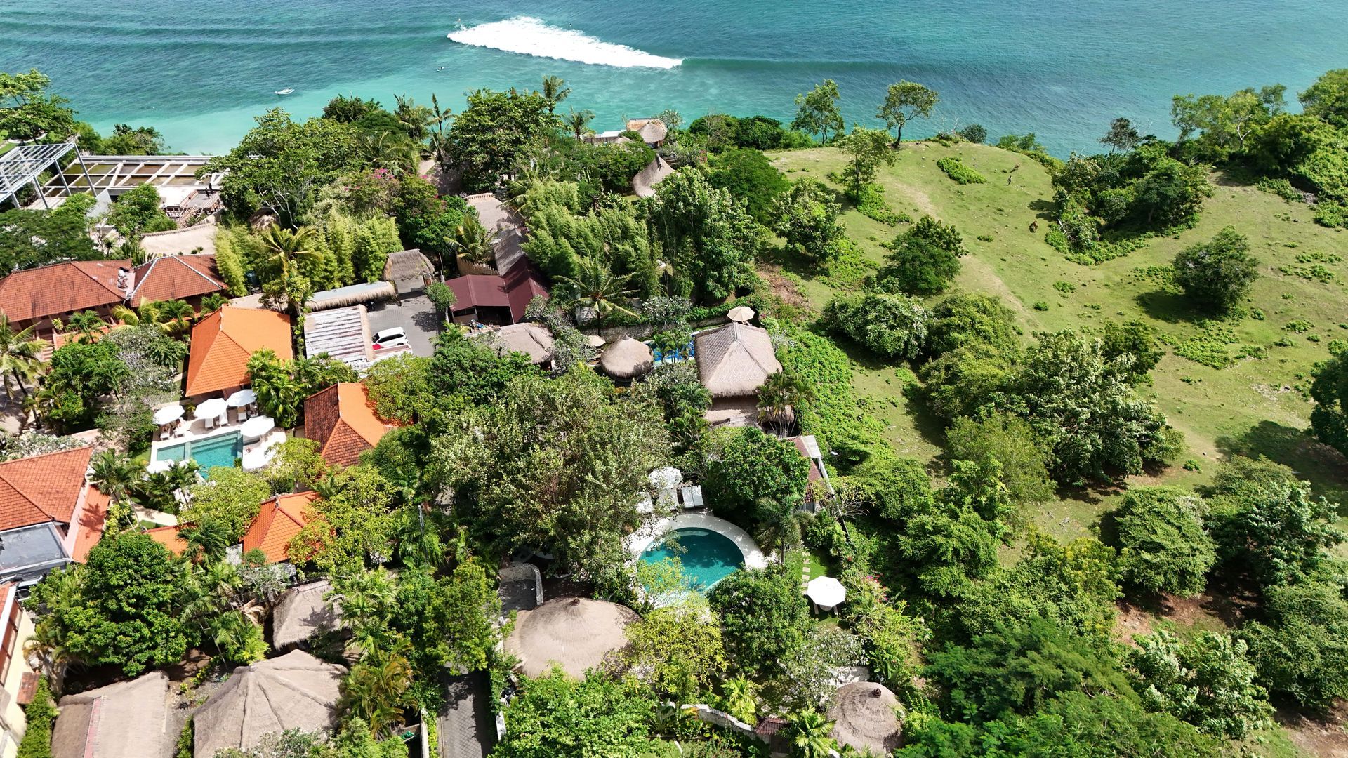 Aerial view of Uluwatu coastline and greenery